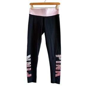 PINK Victoria's Secret Yoga Leggings Black Pink Sequin Logo Small Foldover Waist